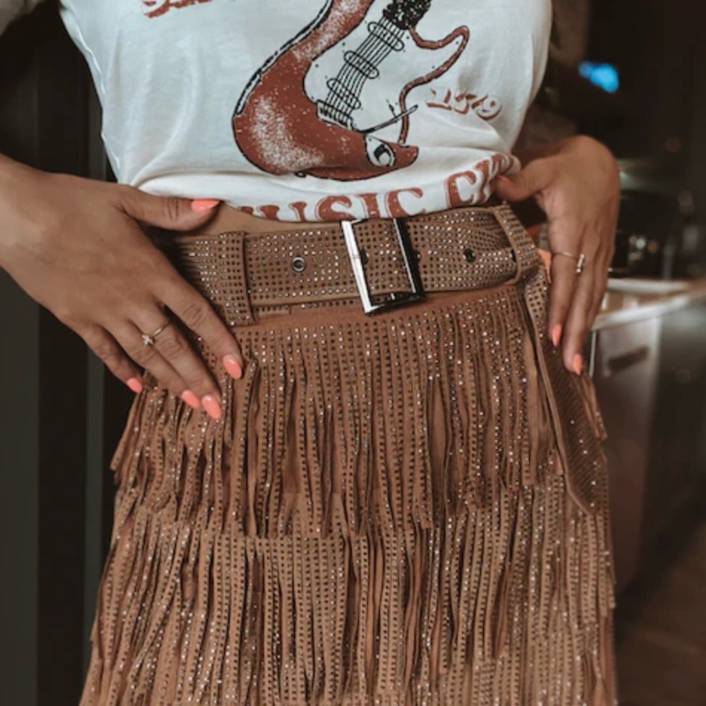 RHINESTONE FRINGE MINI SKIRT